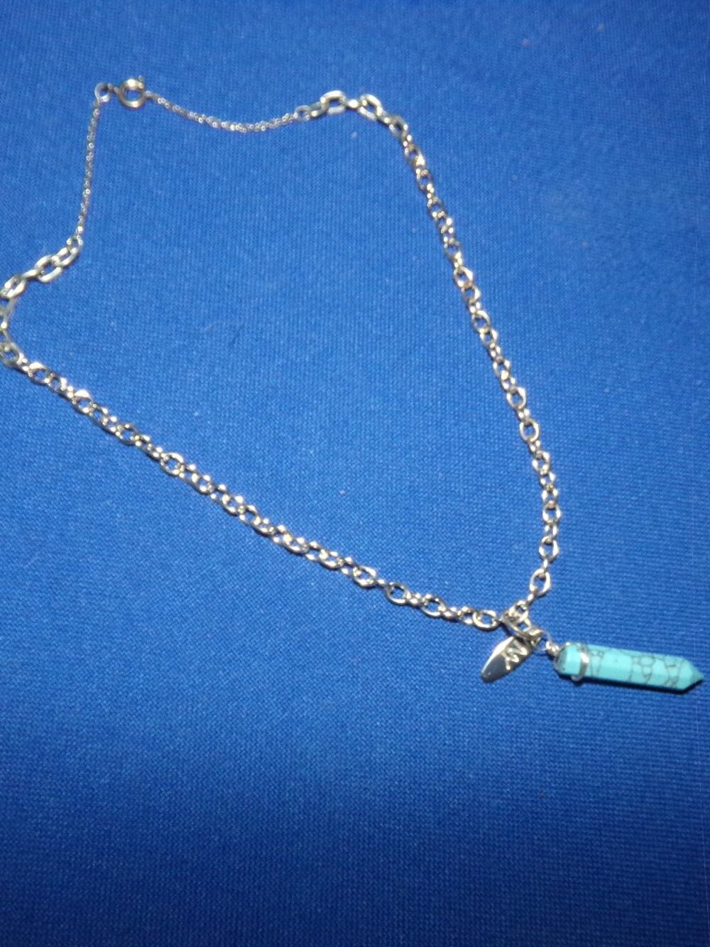 Turquoise Blue "Howlite" Obelisk Pendant Choker Necklace W/ Silver Tone Chain